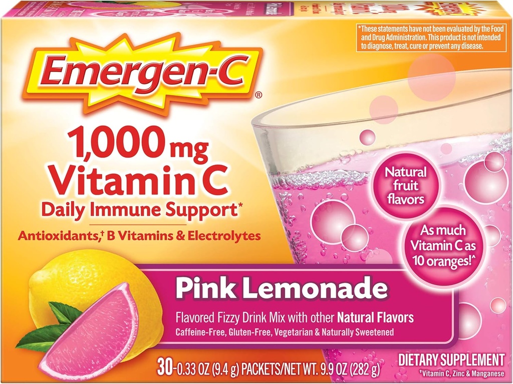 Emergen-C 1000mg Vitamin C Powder, z antioksidanti, B vitamini in elektroliti, Imunity dopolnila za imuno podporo, Kofein Free Fizzy Drink Mix, Pink Limonade Flavor - 30 Število (Pack of 12)