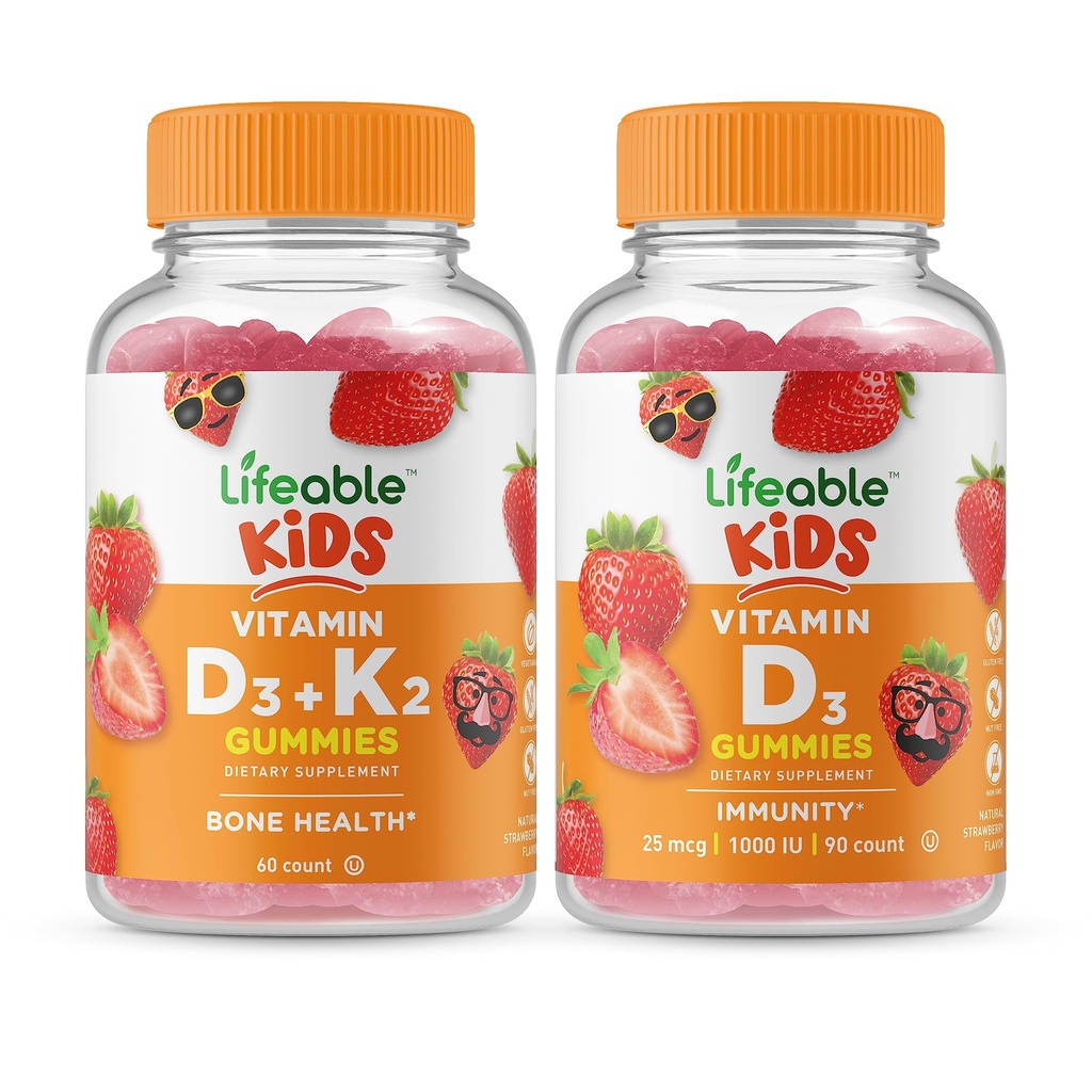 Življenjski vitamin D3 + vitamin K2 Otroci + vitamin D Otroci, Gumies Bundle - odličen okus, Vitamin dopolnilo, Gluten brezplačno, GSO brezplačno, Žvečljivi gumi