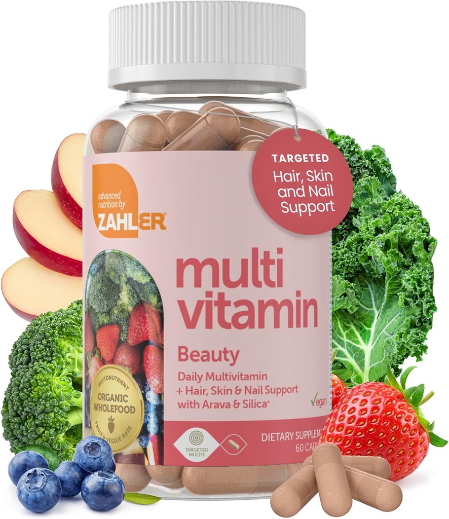 Zahler Multivitaminska lepota, Daily Multivitaminski +Skin Hair and Nohts Podpora, za ženske in moške z železom, Certified Kosher, 60 Kapsule