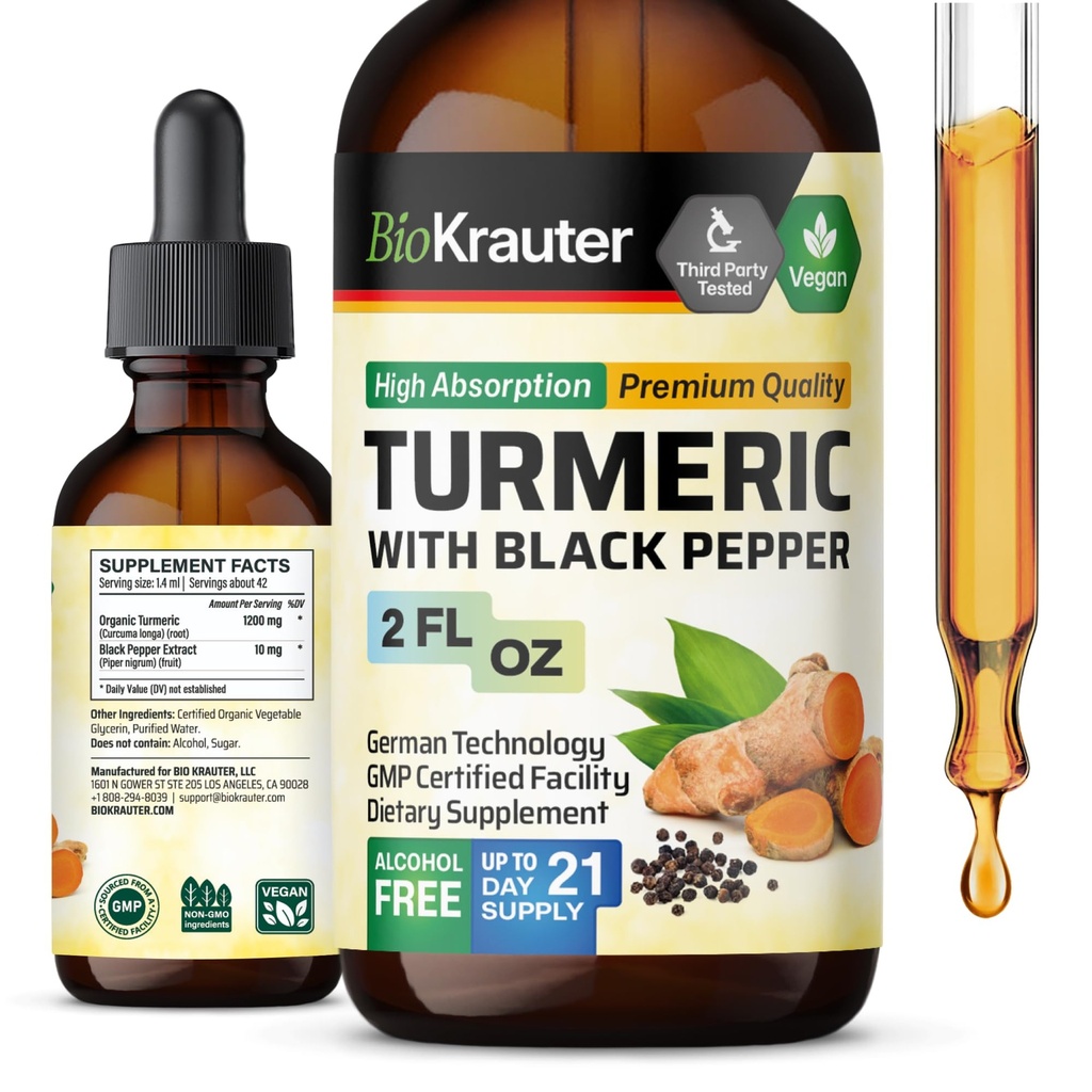 BIO KRAUTER Kurkuma dodatek Tinktura - 1200 mg Kurkumin s črno papriko ekstrakt - alkohol in sladkor brez - Veganske kapljice 2 Fl.Oz.