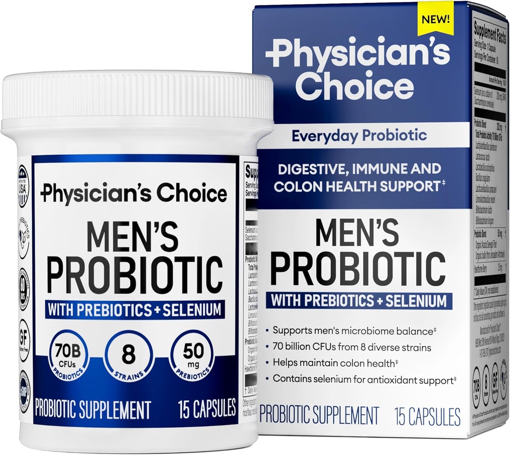 Probiotiki za izbiro zdravnika za moške - 70 milijard CFU - 8 sevov - selen in prebiotiki - podpira prebavno zdravje, mikrobiom, Colon, & Imuno Health - Napredni moški probiotik - 15ct velikost vzorca
