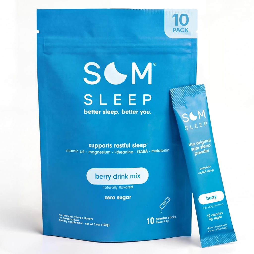 Som Sleep, Calm Sleep Powder Drink Mix, 3mg Melatonin, Magnezij, Vitamin B6, L-Theanine & GABA – Vegan, Nič sladkor, Keto Prijazno – Berry, 10-Pack