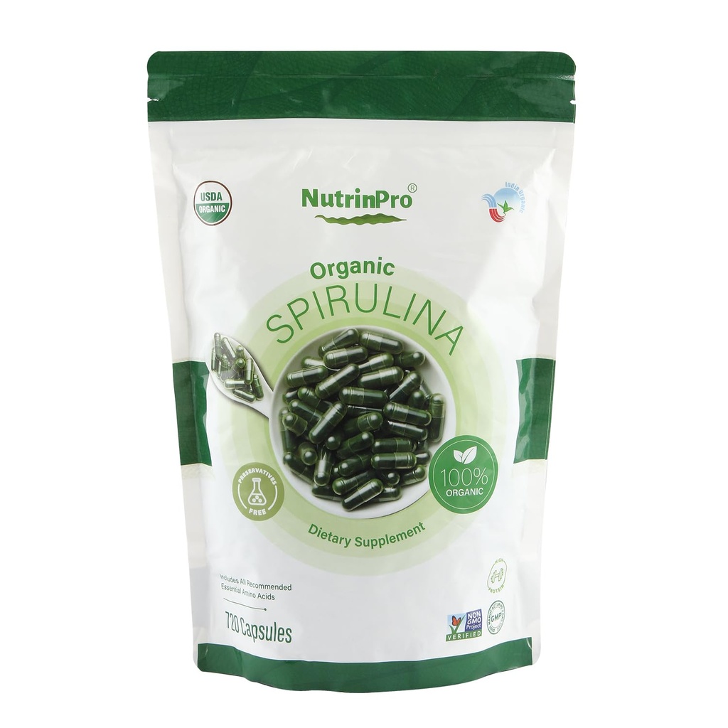 NUTRINPRO USDA Organic Spirulina kapsule - 100% Pure Vegan dodatek, Ne-GMO, Gluten-free, Chemical-free, (720)
