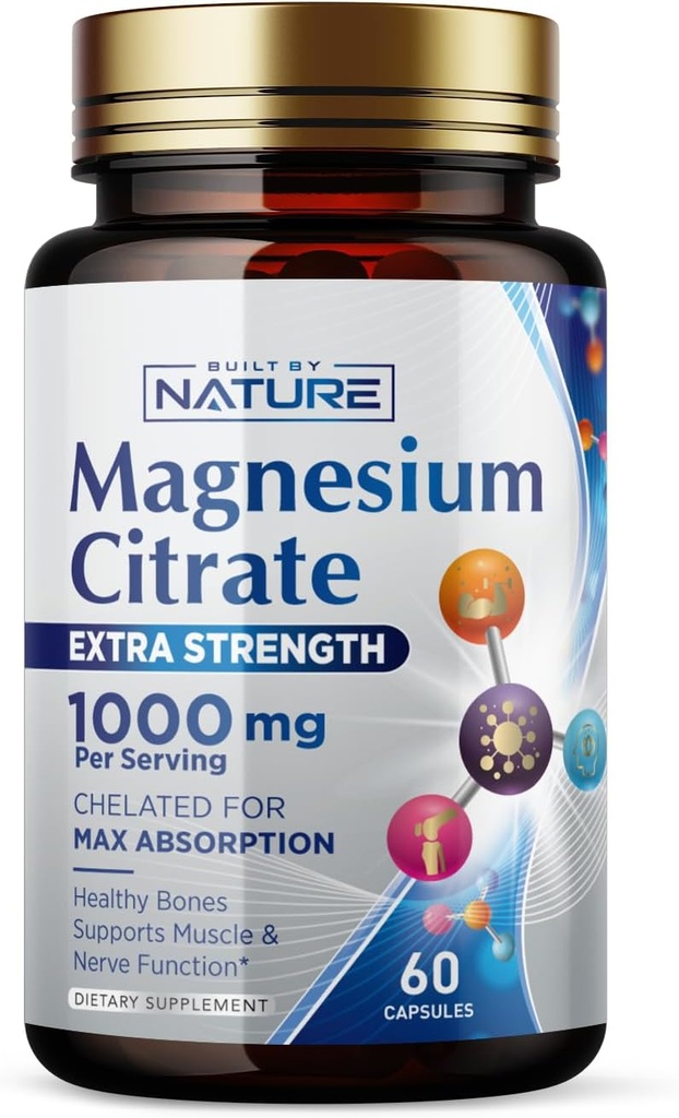 Magnezijev citrat 1000mg - Max Absorpcija in visoka jakost Magnezijev kompleks Dodatek za srce, mišice, živec, zdravje kosti in stres Relief - Ne-GMO, Gluten-free - 60 Veganske kapsule