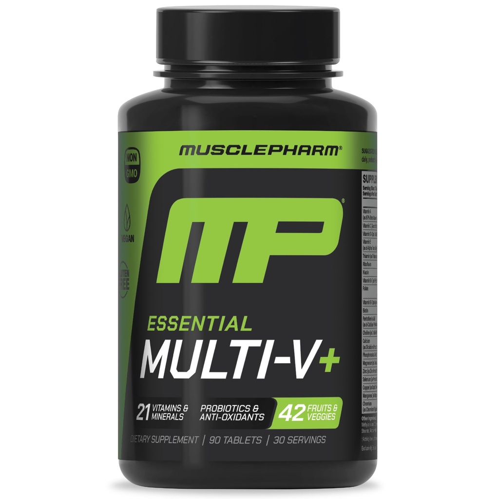 Muscle Pharm Essentials Multi-V+, The Athlete's Multi-Vitamin, Izboljšana energija, zmogljivost in imuno zdravje, Daily Multivitaminski za moške in ženske z minerali Plus probiotiki, 90 Tablete, 30 Servings