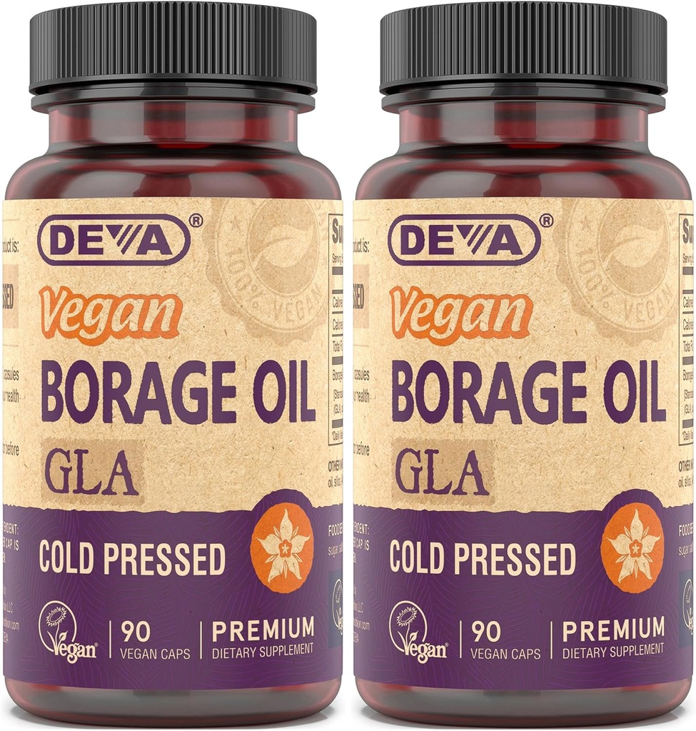 DEVA Vegan Vitamini, Borage Oil 500mg, Vir Omega-6 Maščobne kisline GLA (Gama linolenska kislina), Hladno in neprečiščeno, 90 tablet (Pack po 2)