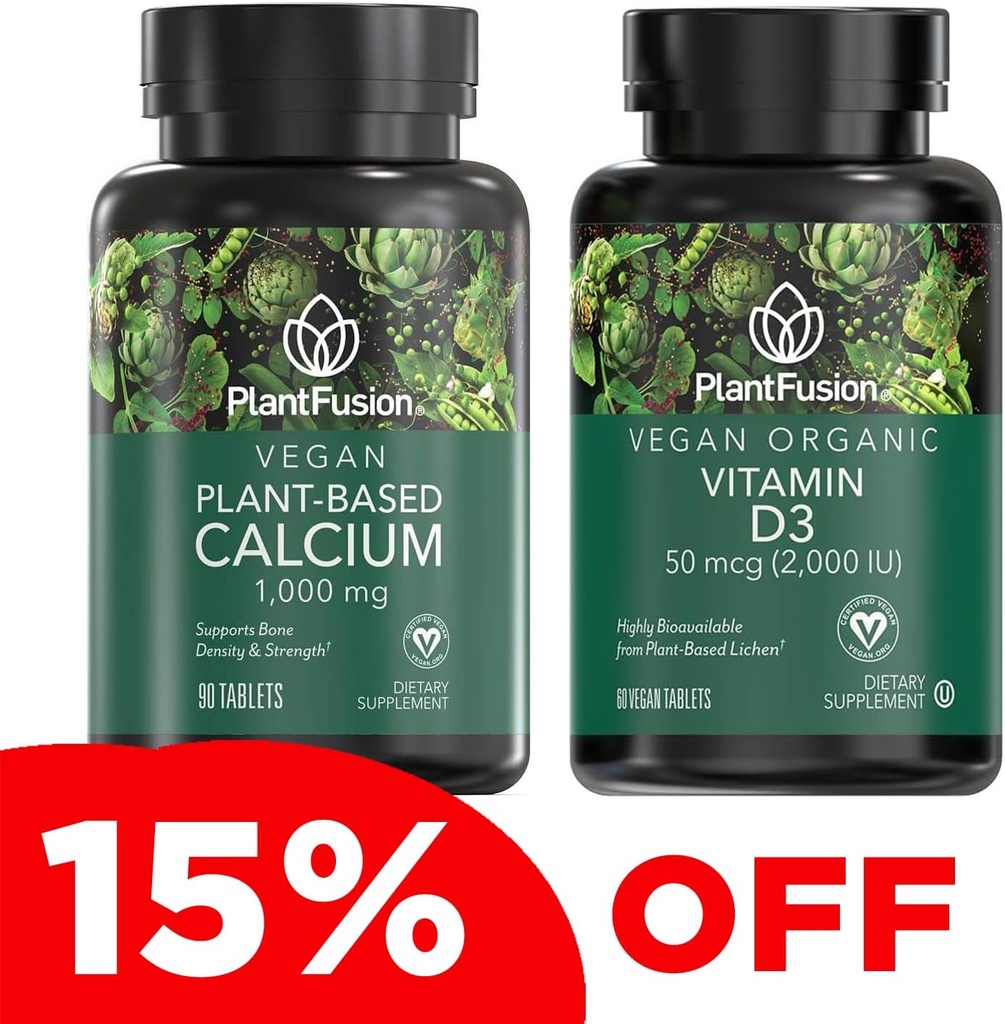 PlantFusion Vegan Calcium & D3 Bundle - Premium rastlin na osnovi kalcija 1000mg in D3 2000IU dopolnila za rast kosti, gostoto, in moč in imuno podporo