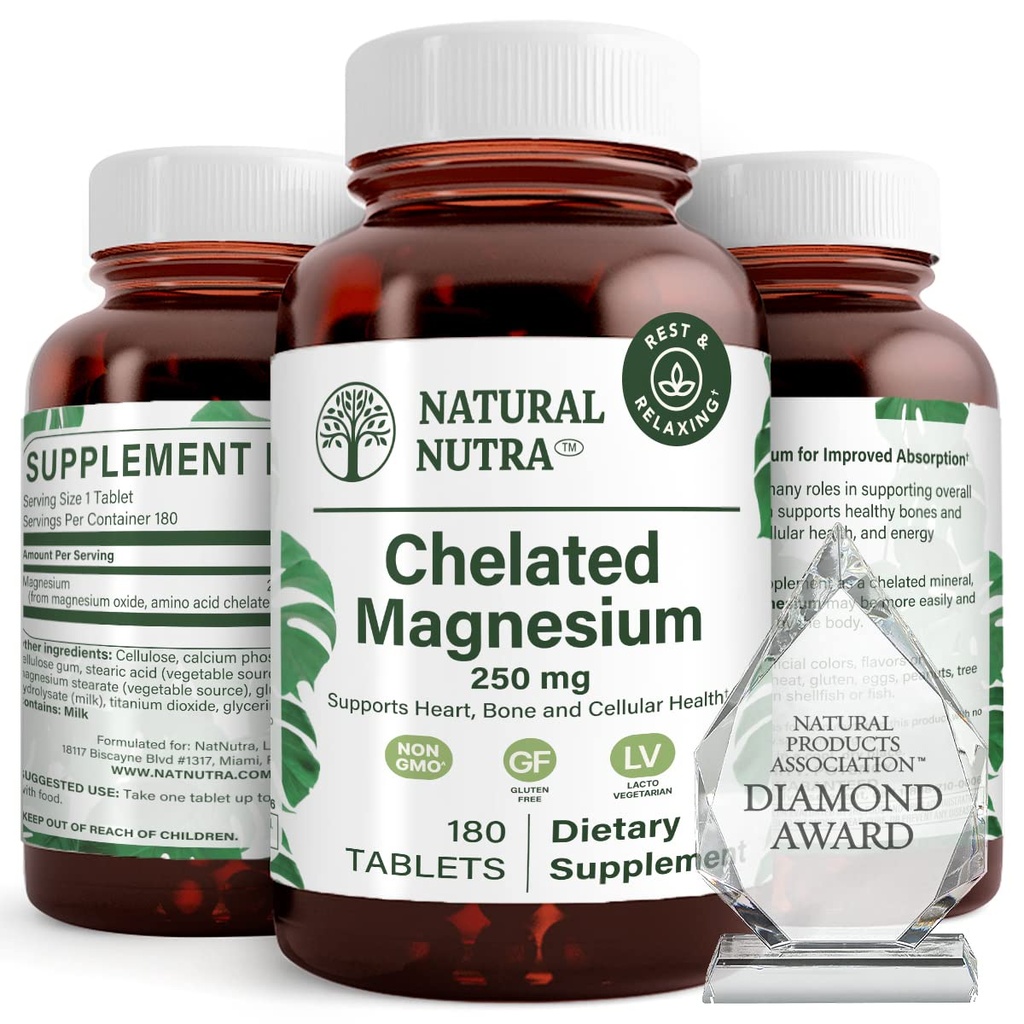 Naravni nutra kelirani magnezijev oksid 250 mg - visoka absorpcija za močne kosti, zdravje srca, zobozdravstvo, povečanje energije, gluten-free, non-GMO, 180 tablet v BPA-free recikliranje steklenic