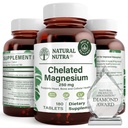 Naravni nutra kelirani magnezijev oksid 250 mg - visoka absorpcija za močne kosti, zdravje srca, zobozdravstvo, povečanje energije, gluten-free, non-GMO, 180 tablet v BPA-free recikliranje steklenic