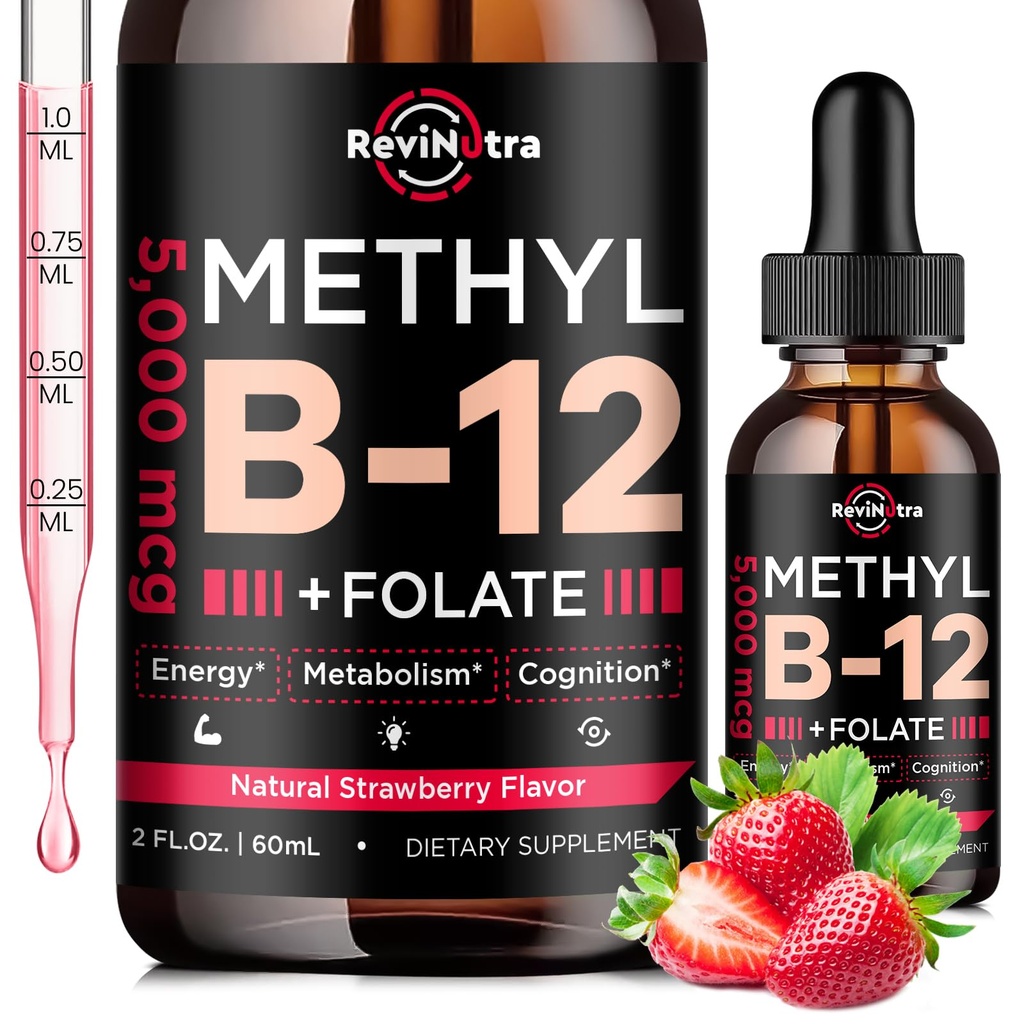 Vitamin B12 tekoče kapljice, B12 vitamini 5000 μg, vitamin B kompleks dodatek z metilkobalamin B12 podjezično, vitamin B6, Folat za energijo, možgani, zdravje srca, veganska jagoda aroma 2 Fl Oz