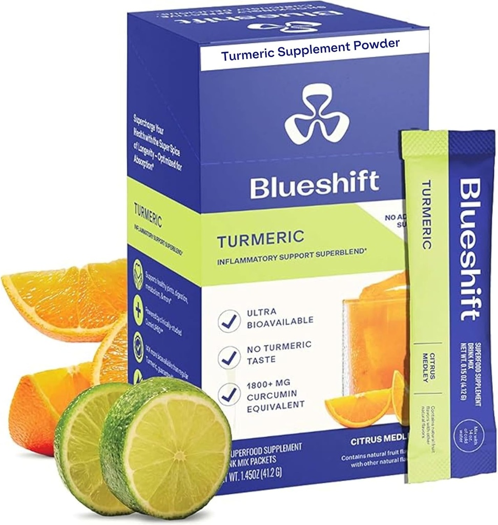 Blueshift Turmeric Citrus Medley - Turmeric Powder Packets za vodo, Kurmerski Curcumin dodatek, Brez mešanice sladkornega pijače za podporo za naravno okrevanje - Citrus Flavor, Powder Packs (10 Pack)