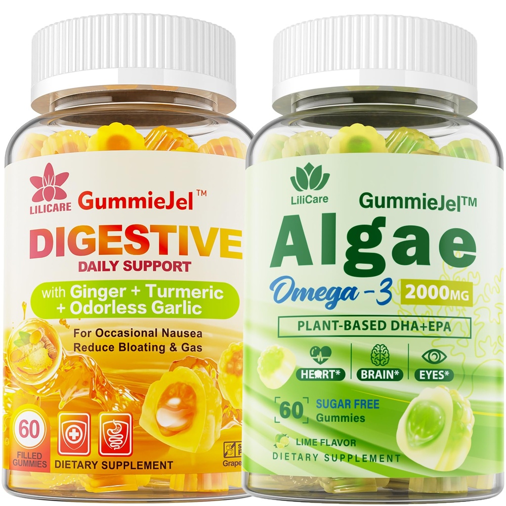 LILICARE Sugar Free Omega 3 Maščobne kisline 2000mg S 640mg DHA & 290mg EPA, multivitamin, CoQ10, astaksantin + ingver Polne žvečilke za slabost - Želodec Relief - Ultra Absorpcija za prebavno podporo