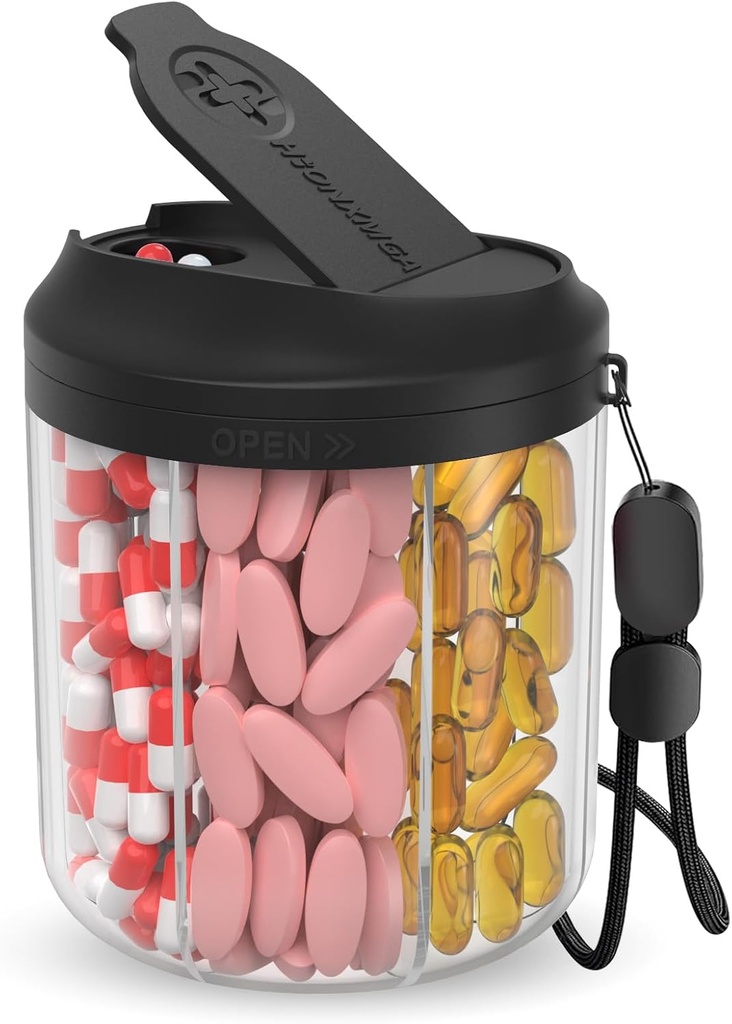 Dispenzer tablet s 7 Velikimi predeli, Organizator tablet 4.4" H x 3.6" Dia za potovanja, Dopolnilo Organizator z anti-Mexing Design, BPA-free Pill Container z 20 Pcs etikete, črna