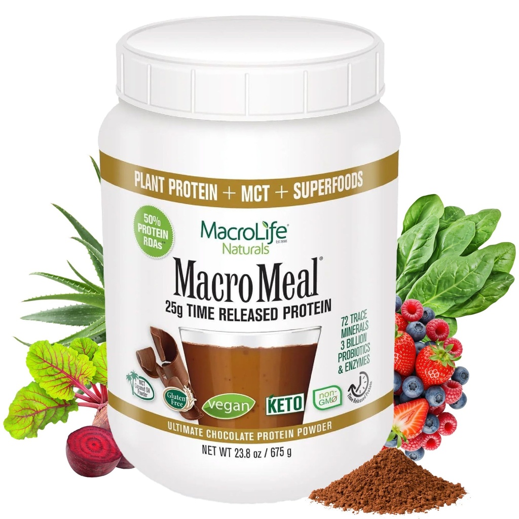MacroLife Naturals MacroMeal Vegan čokoladni proteini v prahu Superfood Greens Probiotiki + Fiber, Imunska energija Prebavne dnevne esencialne snovi za ženske in moške Gluten-free - 23,8oz (15 Serving) Čokolada