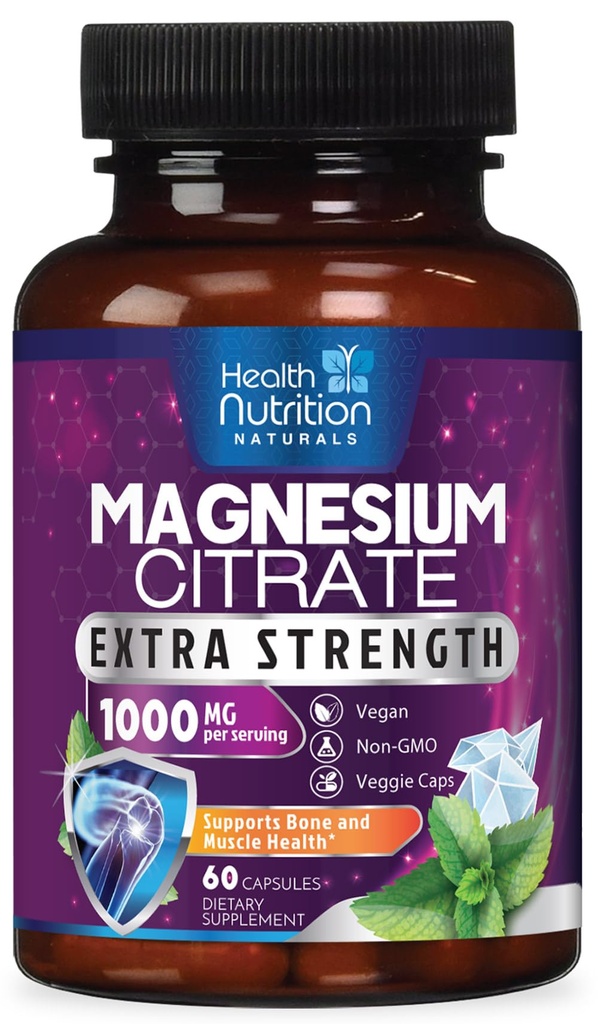 Kapsule magnezijevega citrata 1000 mg - Max Absorpcija Magnezijev prašek za zdravje mišic, živcev, kosti in srca, visoko Absorpcijski citratni kompleks, brez glutena, brez GMO - 60 kapsul