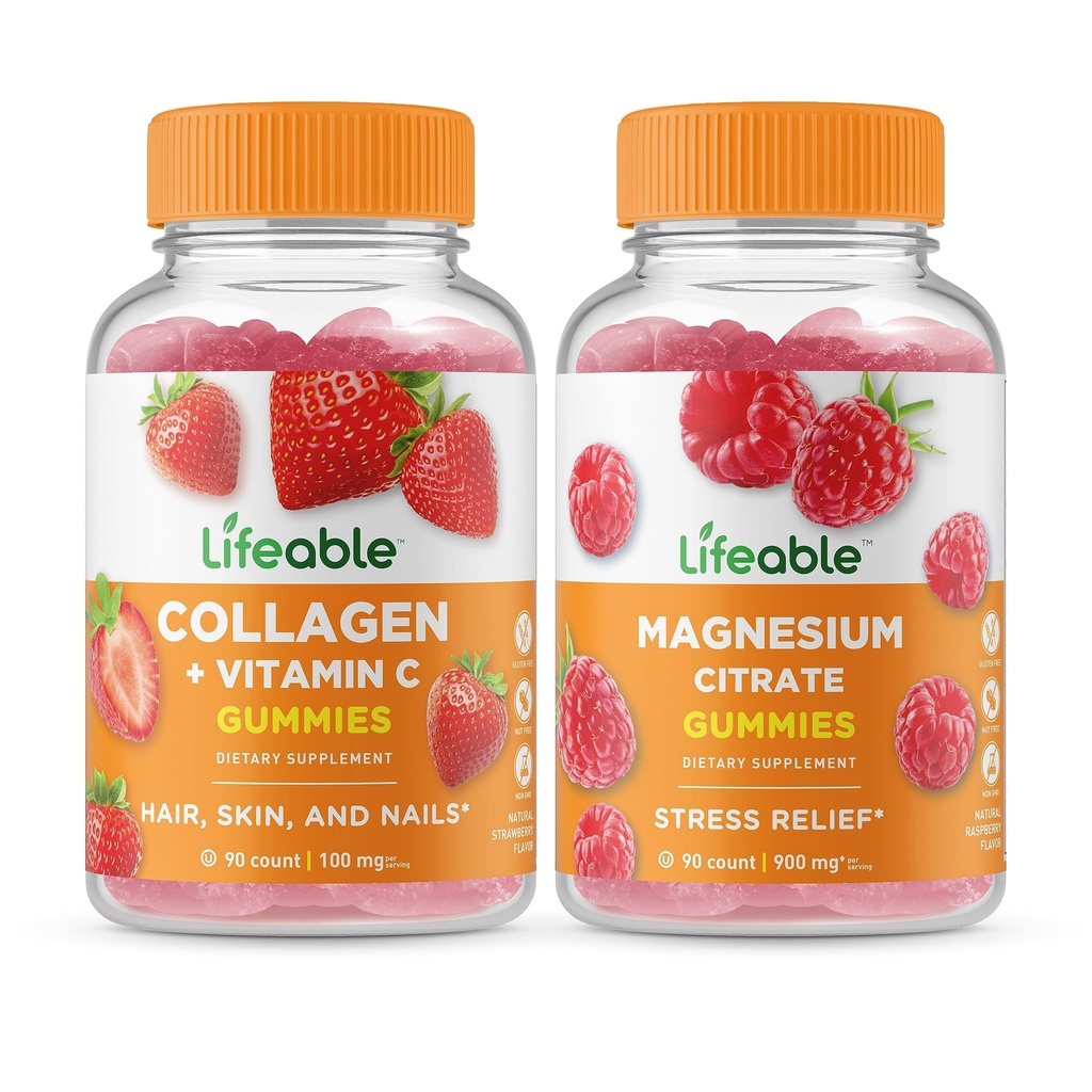 Življenjski kolagen & vitamin C + magnezij, Gummies Bundle - odličen okus, Vitamin dodatek, Gluten brezplačno, GSO brezplačno, Žvečljivi gumi