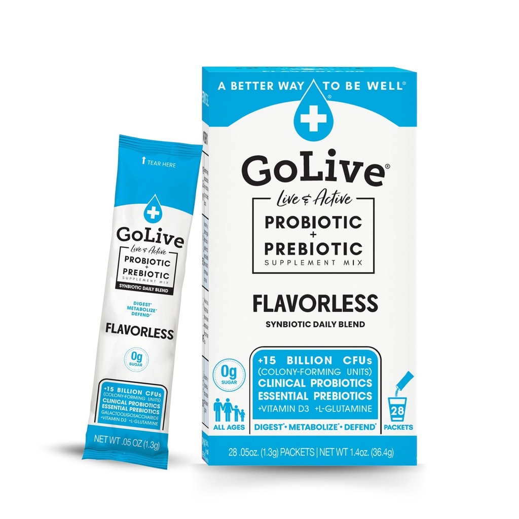 GoLive Prebiotic & Probiotic za ženske, moške, otroke. Brez arome, brez sladkorja, sinbiotični prašek w/ GOS, L-glutamin, vitamin D3, elektroliti. Za zdravilo Gut Health, digescijo, presnovo, imunost 15- 50B CFU.