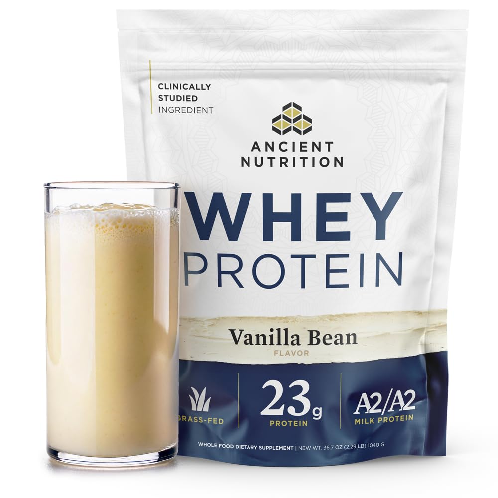Ancient Nutrition Grass Fed Whey Protein, 23g Protein, hidrolizirani kolagen peptidi, organski regenerativni A2/A2 Mlečni proteini (35 Serving, Vanilla Bean)