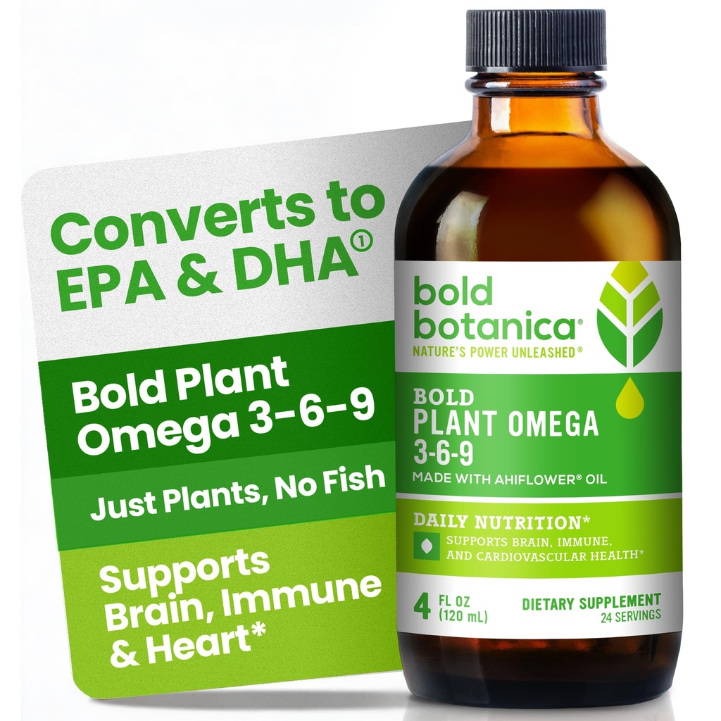 Bold Botanica Rastlina Omega 3-6-9, z Ahiflower Oil, Vegan Omega 3, Popolne Omega na osnovi rastlin za zdravje možganov in imunskega sistema, Boljše kot Flax, Ribe proste, Odličen okus, Sugar-free, Non-GMO, Liquid- 4 oz