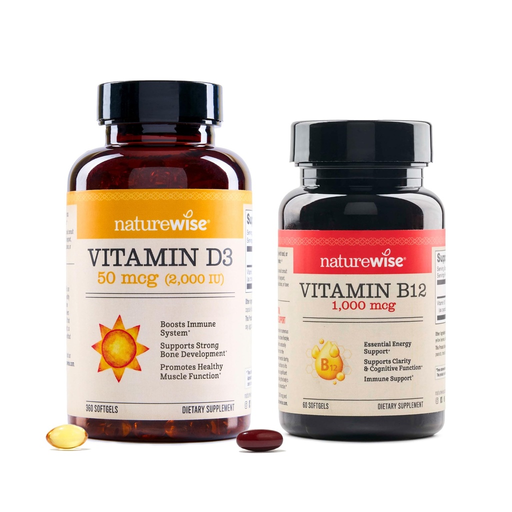 NatureWise Vitamin D3 2000iu 360 število in vitamin B12 1000mcg 60 Mehčalci za energijo, imunske podpore in zdravo delovanje mišic