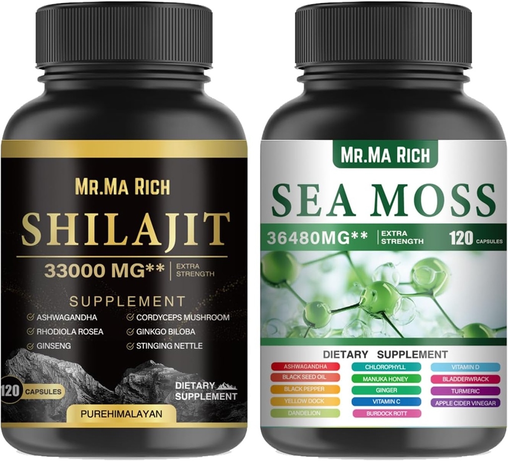 Kapsula Sea Moss in Shilajit Bundle, Ashwagandha Rhodiola Rosea Ginseng Cordyceps Gobe Ginkgo Biloba Sting Nettle Magic Moss Blendim Black Seed Turmeric Bladderwrack Burdock Črna paprika