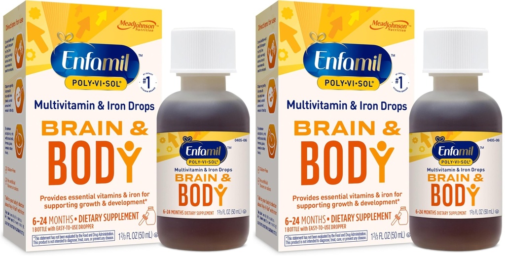 Enfamil Prenatals & Baby Vitamins Poli-Vi-Sol 8 Multivitaminov in železovih dodatkov kapljice za dojenčke in malčke, podpira rast in razvoj, 50 ml kapalko steklenica (Pack po 2)