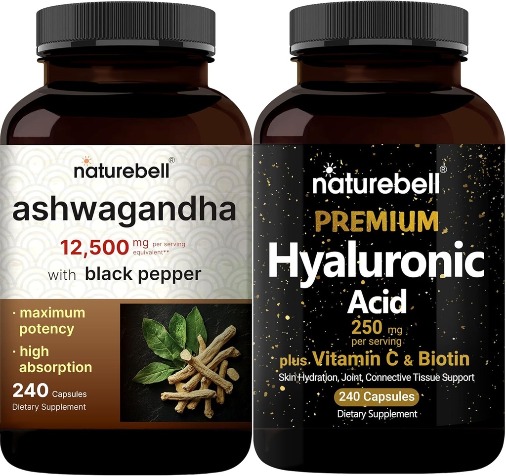NatureBell Hyaluronic Acid Kapsule z Biotin + Vitamin C & Ashwagandha 12.500 mg Ekvivalent s črnim poper paketom 