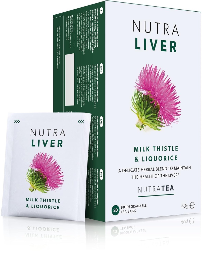 NUTRALIVER - Detox čaj za čiščenje in podporo jeter - z mlečno osat, kurkuma in janeža - 20 čajnih vrečk - Zeliščni čaj z Nutra čaj