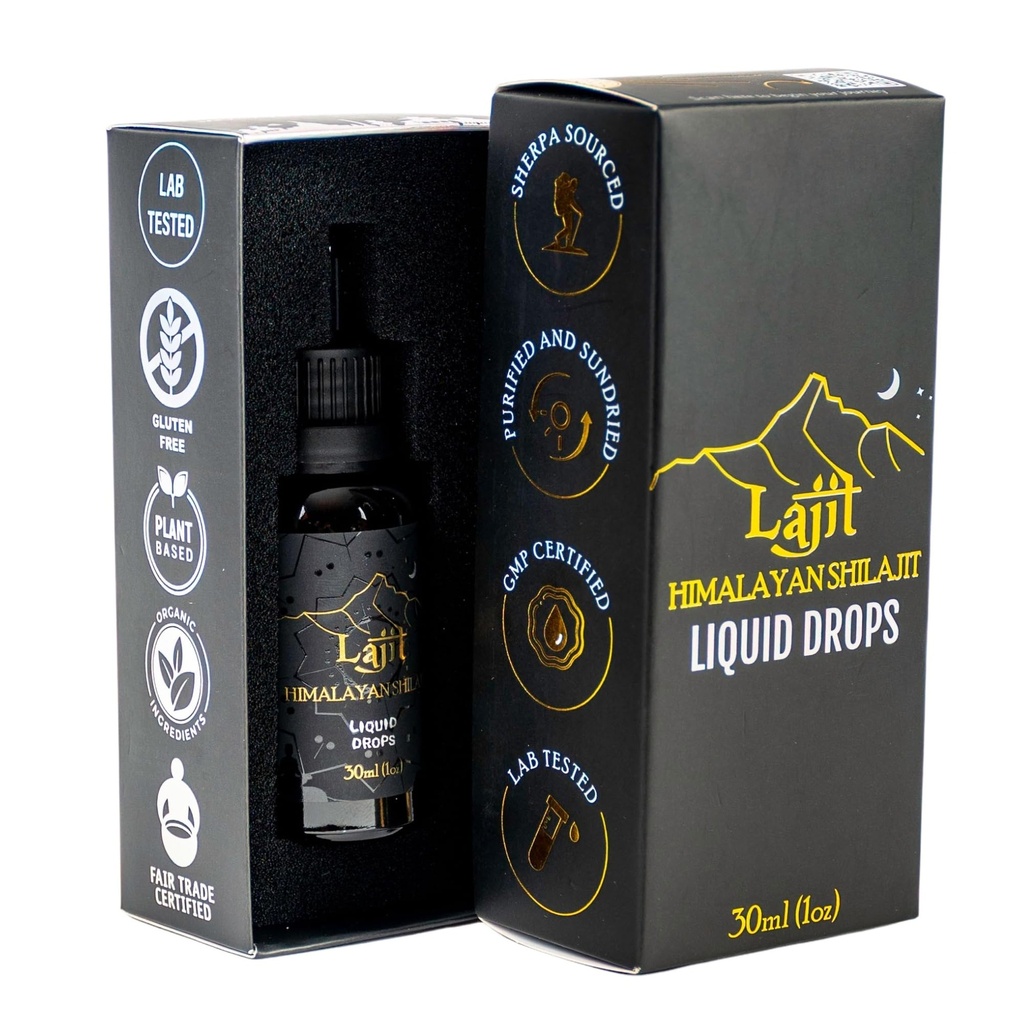 Lajit Gold Grade Himalajan Shilajit Tekoče kapljice – Organic, Sun-ried – Biorazpoložljive hranilne snovi – Fulvic Acid, 85+ Trace Minerals – Lab Tested for Men & Women – naravna energija, imuniteta, moč – 30ml