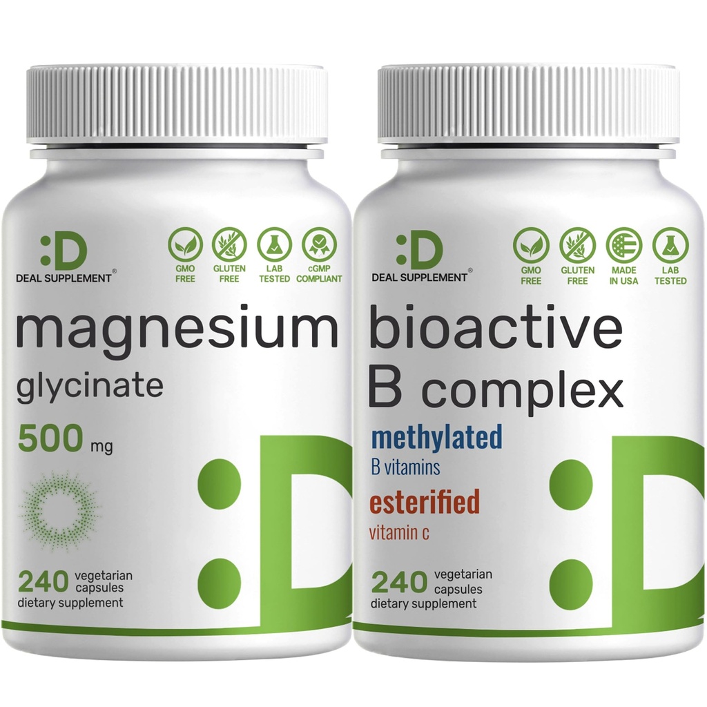 Magnezij Glycinate 500mg Veggie Kapsule & Bioactive Vitamin B Complex paket – Enostavno Absorbirani kelirani mineral – Imuni, energija, & Presnova dodatek