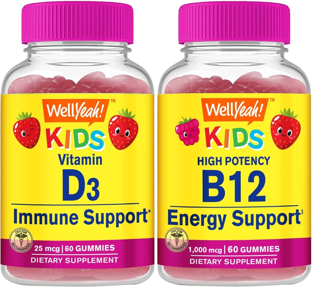 WellYeah Vitamin D3 Otroci + Vitamin B12 Otroci, Gummies Bundle - odličen okus, Vitamin dodatek, Gluten brezplačno, GSO brezplačno, Žvečljivi gumi