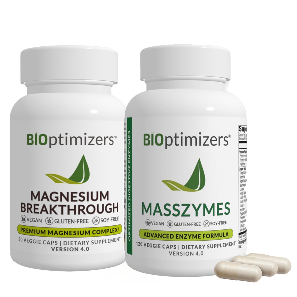 BiOptimizerji Magnezij Preboj 4.0, (30 kapsul) & MassZymes 4.0, (120 kapsul) - Naravni spanec, možgani, in Prebavne zdravstvene podpore dodatek