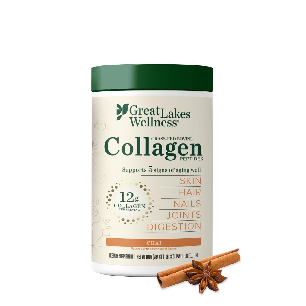 Velika jezera Wellness Kolagen Peptide Powder for Skin, Hair, Nohti, Joints & Digestion - Chai Flavored - Hitro raztapljanje Hidrolizirano, Non-GMO, Kosher - 10 oz