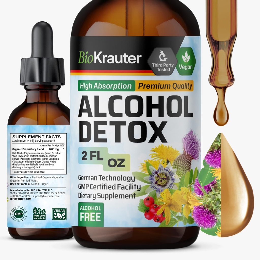 BIO KRAUTER Alkohol Detox Tinkture - Jetrna čistila in detox Formula - mleko Thistle & Dandelion - Jetrna podpora Tekoči ekstrakt - Alkohol in sladkor brez - Veganske kapljice 2 Fl.Oz.