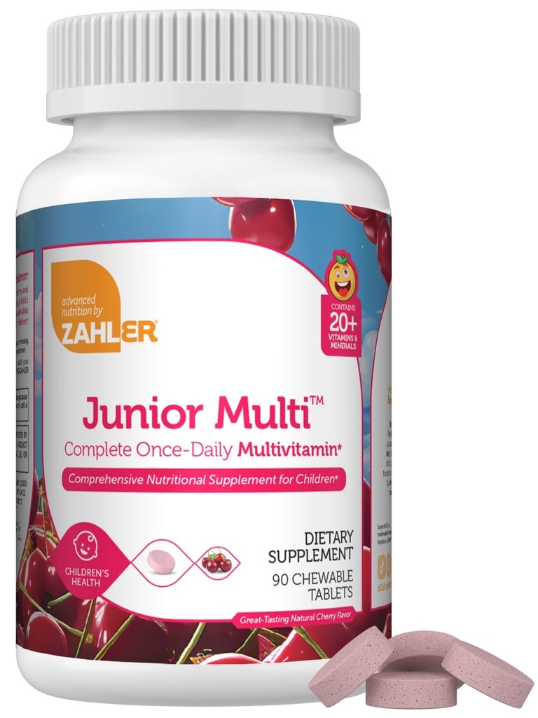 Zahler Kids Multivitaminske žvečljive vitaminske tablete - Popoln en dnevni dodatek vitaminov - vsebuje 20+ Minerali in vitamini za otroke in malčke - Kosher multivitamins Cherry Flavor (90)