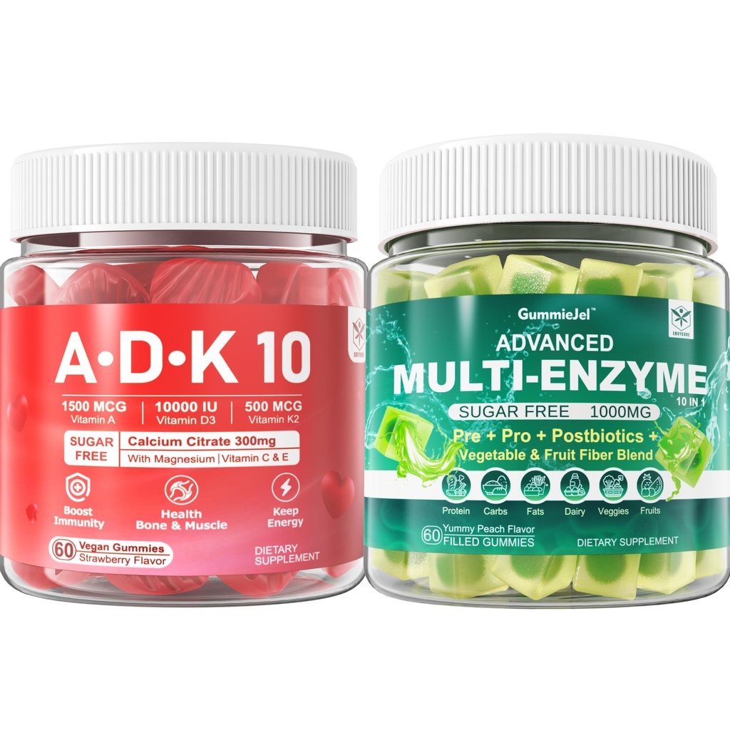 Prebavne encime Gumies 1000mg Žvečljiva - Breakdown hrane Hitro, 90 milijard CFU, probiotik, postbiotik, Prebiotik & fiber mešanica in vitamin ADK Gumies + kalcij magnezijev cink dodatek