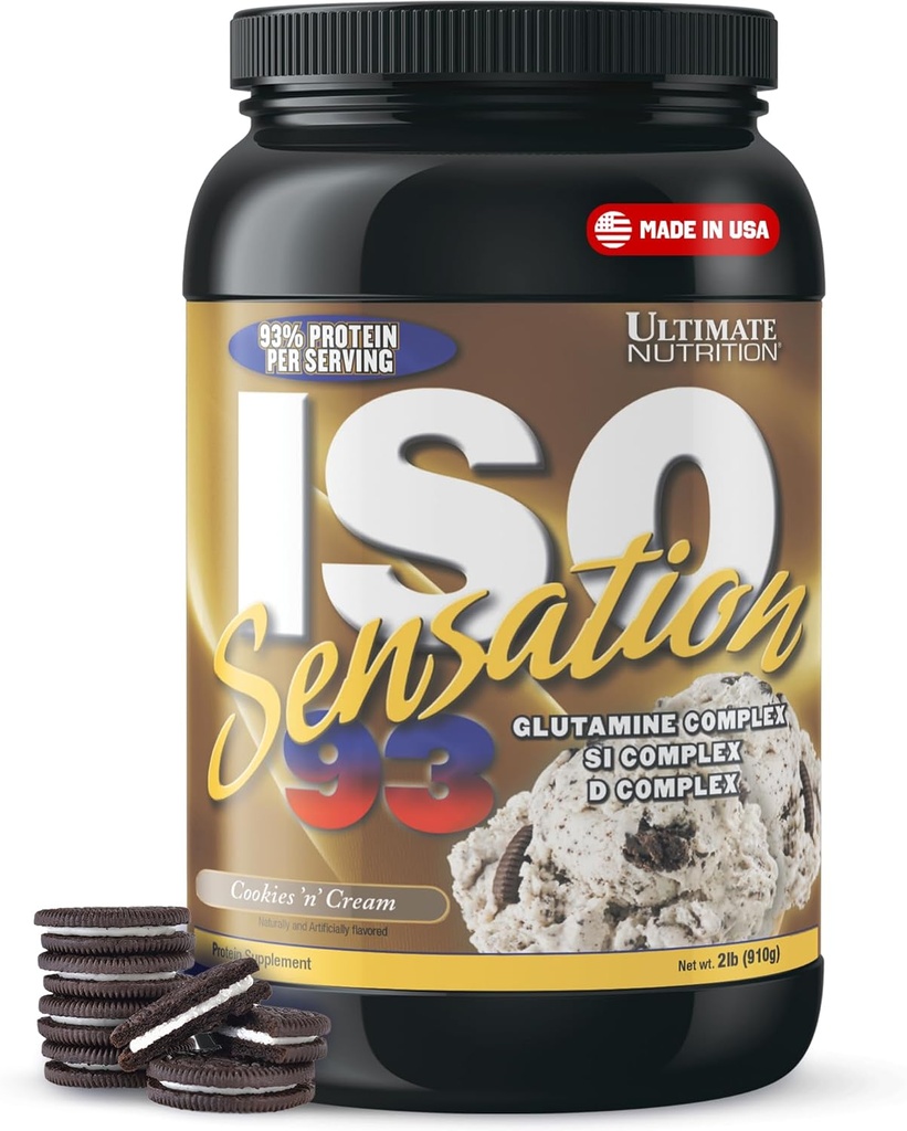 Ultimate Nutrition Whey Protein Isolate Powder with Glutamine Complex, ISO Sensation 93 - Whey Protein Powder z dodanim kolostrumom za izboljšano regeneracijo, imuniteto in Gut Health - Piškotki N krema, 2 kg