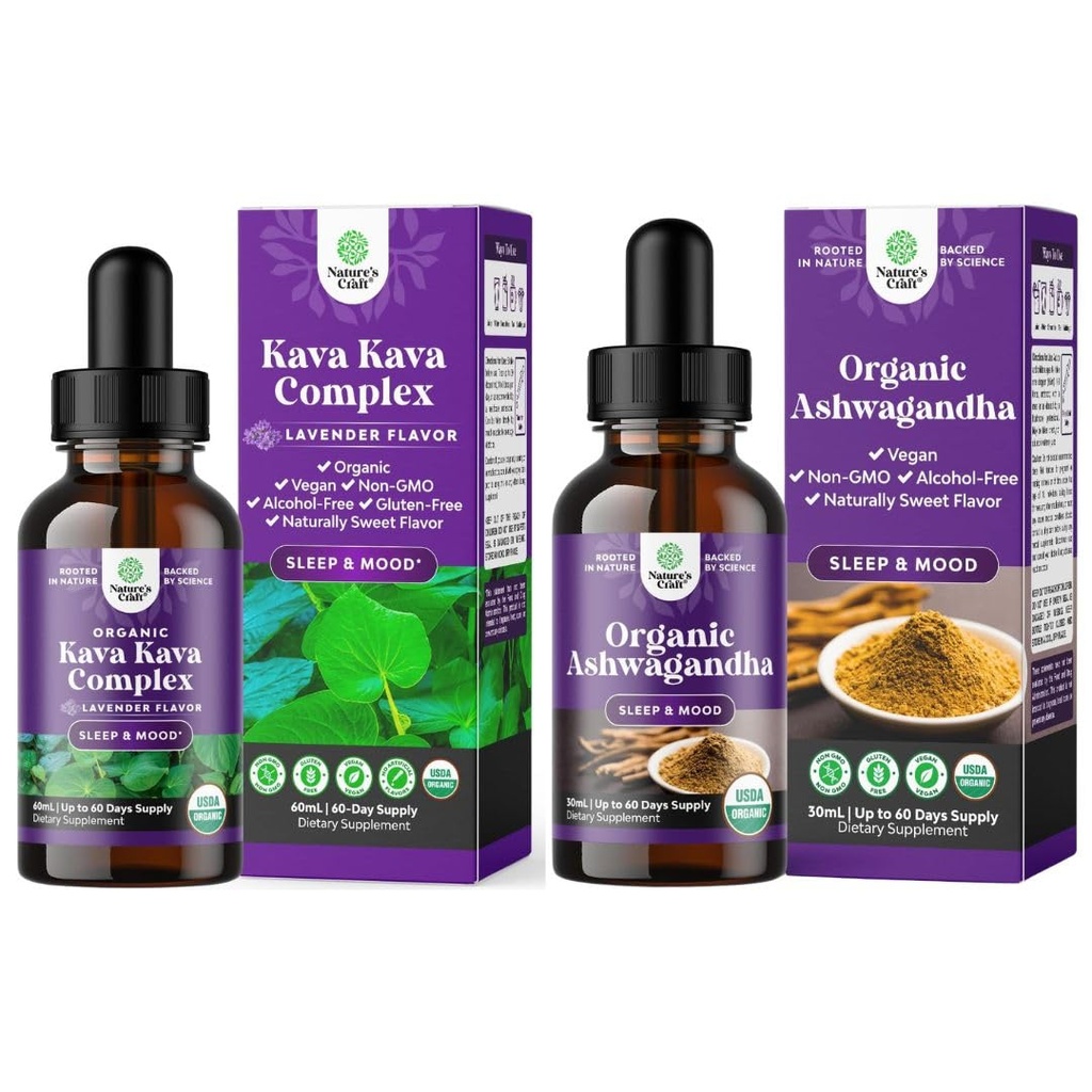 Sklop Potent Liquid Kava Kava Kapljice dodatek z Kavalaktonov za boljše spanje in USDA Organic Ashwagandha Tekočih kapljic - Ashwagandha korenski ekstrakt za stres in Mood podporo za odrasle