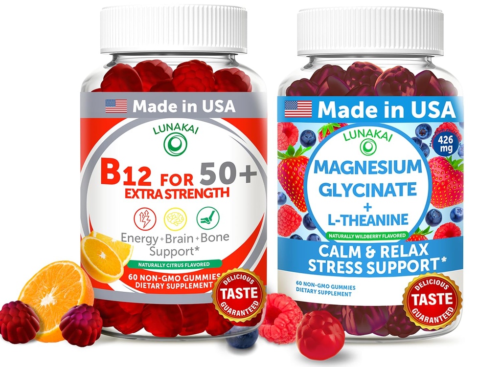 Lunakai ZDA Made Vitamin B12 za odrasle 50+ & Magnezijev Glycinate Gummies Bundle, Podpira energijo, Mood, Relaxation & Stress Relief, Non-GMO, Vegan, 60ct vsak