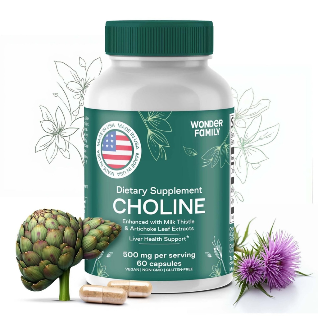 Choline Bitartrate 500MG - Premium Choline dopolnila - Jetrna podpora dodatek & Gallbladder dopolnila - Colina Suplemento 500 mg Orgánica - Možganski vitamin za spomin in fokus - 60 Choline Caps