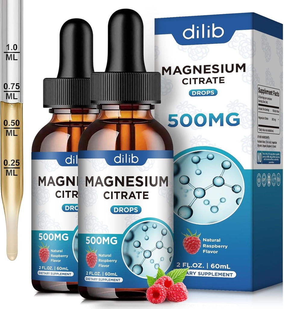 (2 paket) Magnezijev Citrat Tekoči magnezijevi kapljice dodatek 500mg-podpora Stress Relief, kosti, mišice, Mood, Sleep-4 Fl Oz, Vegan, Raspberry Flavor