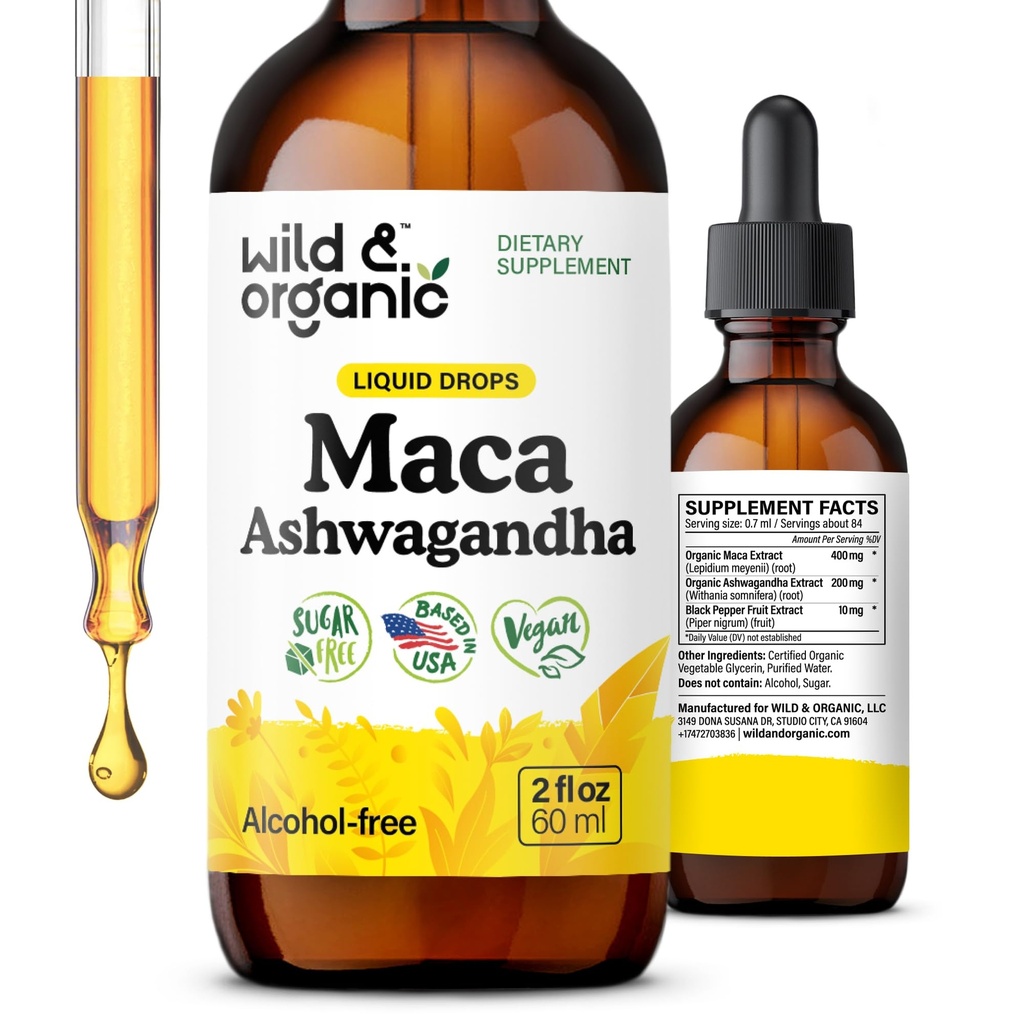 Wild & Organic Maca Ashwagandha Kapljice za moške in ženske - Perujski Maca koren in Ashwagandha Tinkture za splošno podporo - Veganski, sladkor in alkohol-free Extract dodatek - 2 fl oz