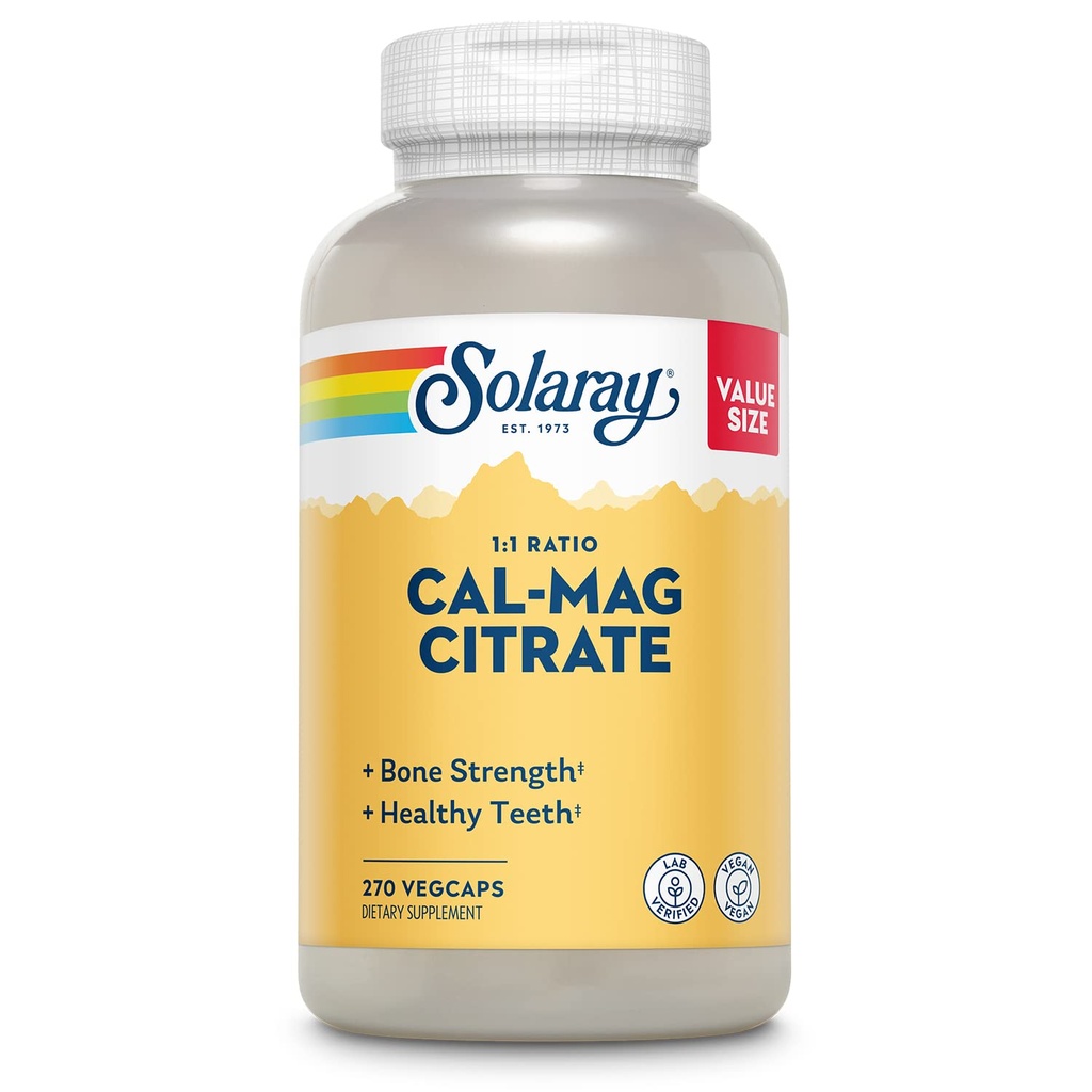 Solaray kalcijev magnezijev citrat 1000mg 1:1 Razmerje, Bone Strength Supplement, Muscle, Živec in kostna podpora, Chelled za visoko absorpcijo, 60-dnevno garancijo, 45 Serving, 270 VegCaps
