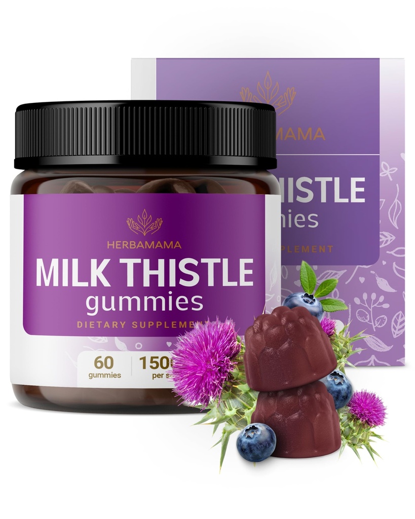 HERBAMAMA Milk Thistle dodatek - 1500mg Milk Thistle Seme Gumies za čiščenje jeter - Vegan, Non-GMO Jetrna podpora s Silybum Marianum - 60 Pektin na osnovi borovnice-Flavored Chews