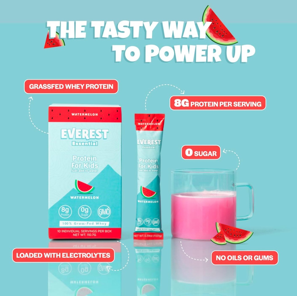 Everest Essential, Kid's Clear Whey Protein Powder (Vatermelon, 10 paketov) Beljakovinski napitek Mešanica za otroke, Elektroliti za otroke, 8g Beljakovine na strežbo, Ne GSO, Nič dodanega sladkorja