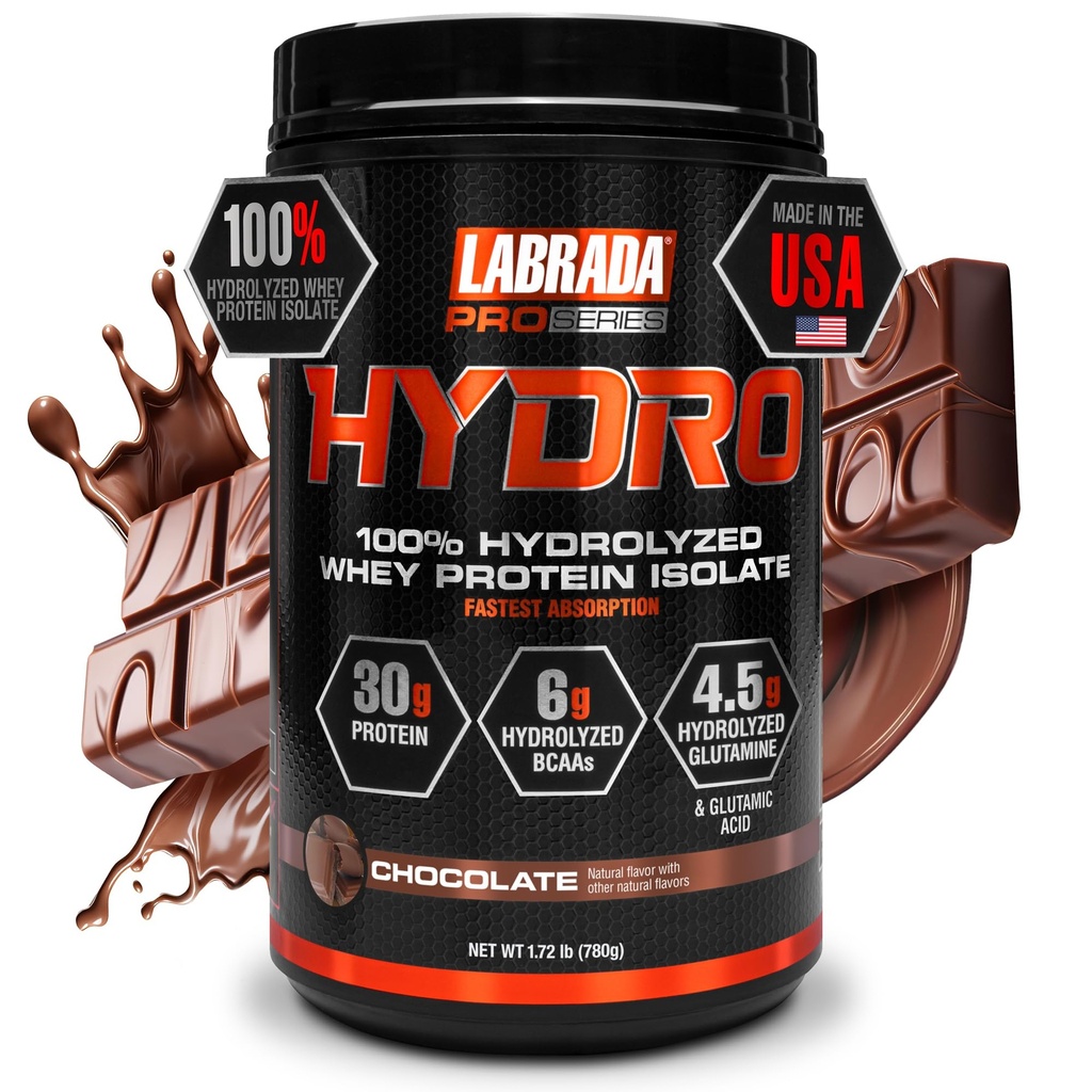 LABRADA Hydro 100% čisti hidrolizirani izolat sirotkinih beljakovin v prahu, laktoza brez, najhitrejša prebava, takojšnja mešanje, droben okus 20 servingov (hokolat)