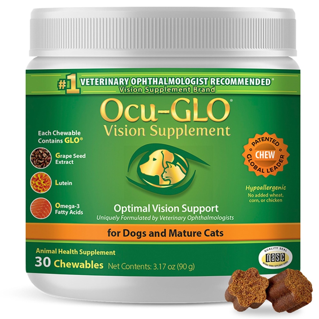 Ocu-GLO Cat & Dog Senior Supplement for Eye Support - Žvečljiva vizija Vitamini Dodatki za velike in majhne hišne ljubljenčke nego z luteinom, Omega-3 Maščobne kisline, grozdni semenski ekstrakt in antioksidanti