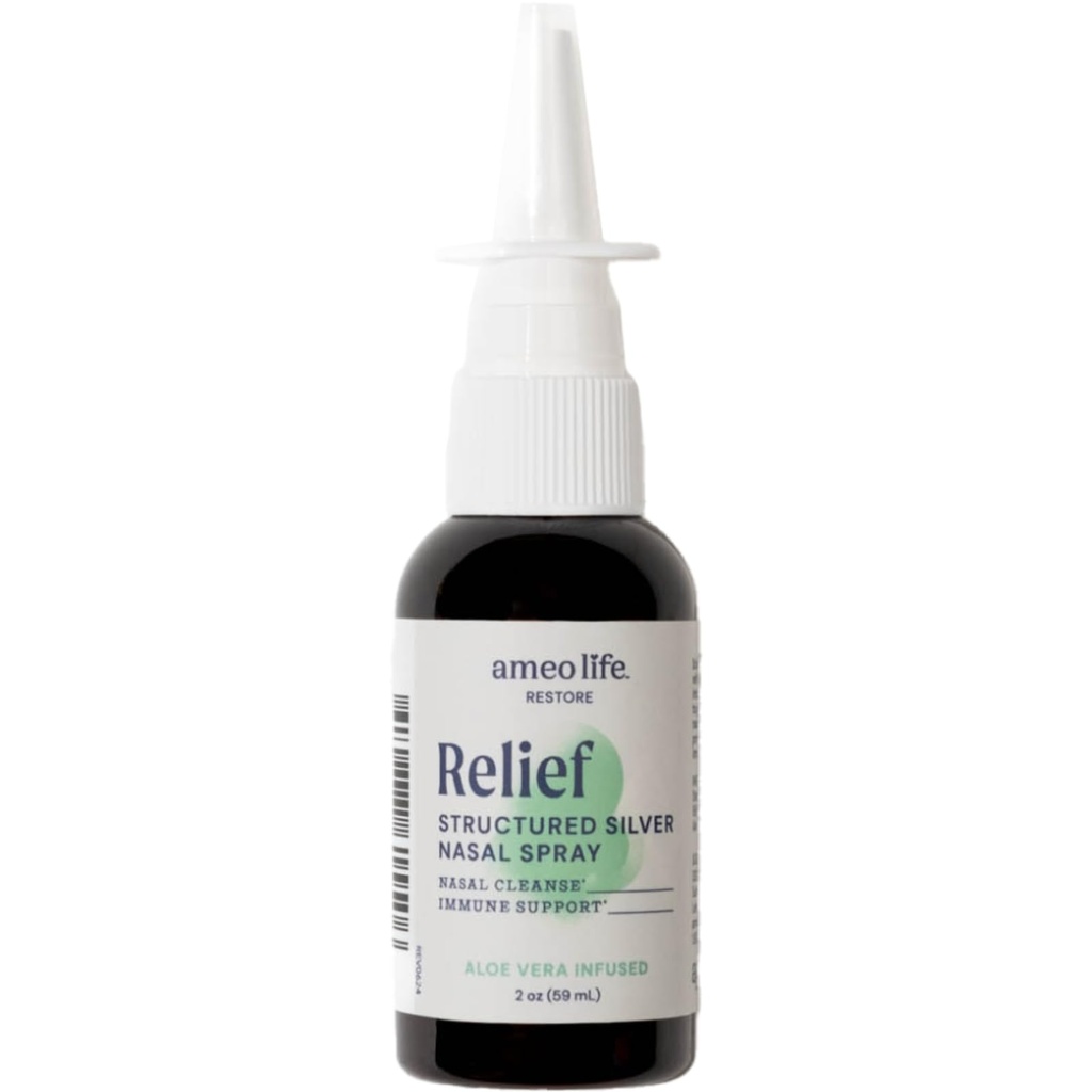 Ameo Life Aloe-Infundirana koloidal Silver Nasal Spray 24 PPM - Nose Spray z naravnimi sestavinami za blaženje Nasal Congestion, Sinus Congestion, Mucus, & Draženje - za vsakodnevno uporabo (2 oz)