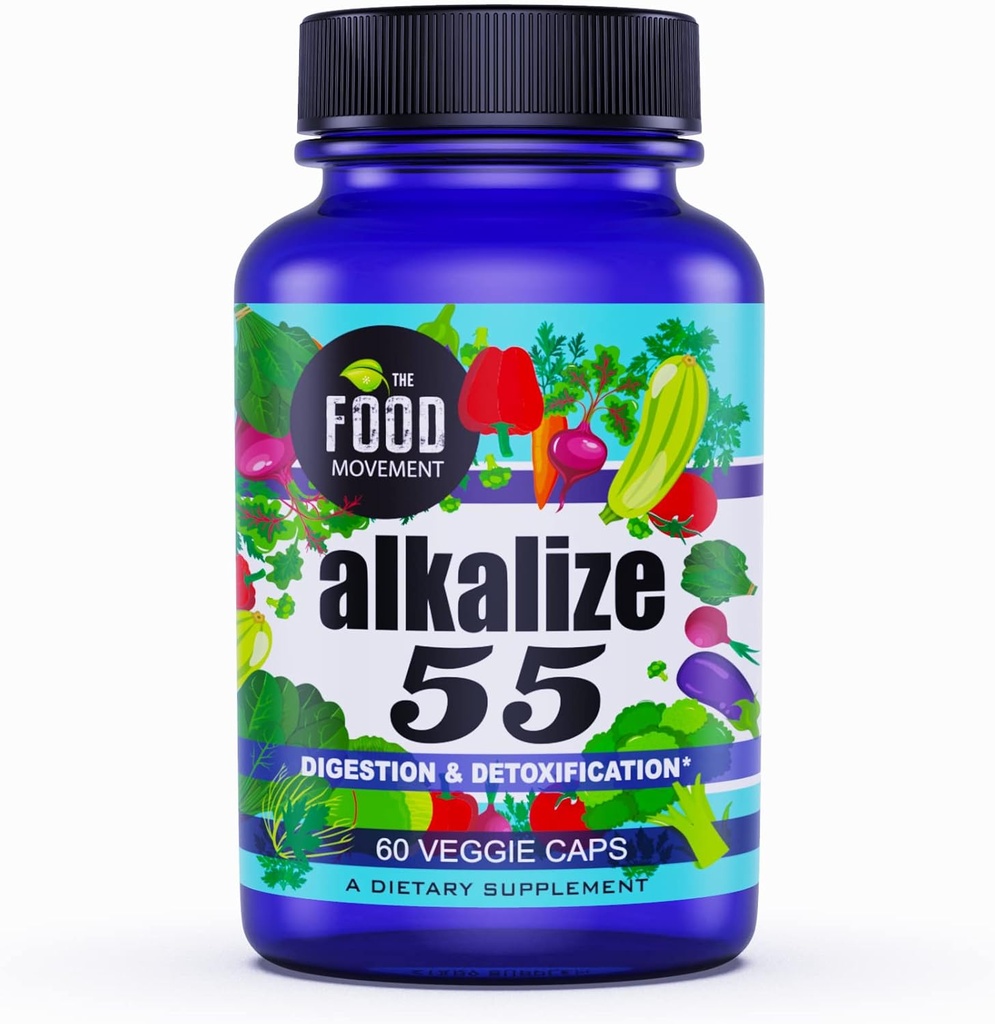 Prehransko gibanje - Alkalize 55, 55 Fermentirana živila s črno zemljo Humic Fulvic Trace Minerals, Elektrolitis, pH Ravnotežje, Imunsko povečanje, Vegan - 60 Veggie caps