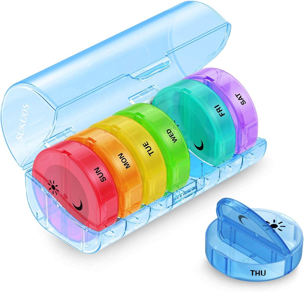 Sukuos velike tedenske tablete Organizator 2 krat na dan, Daily Pill Box 7 dan Enostaven za odpiranje z dvojno zaščito, AM PM tablete Primer za medicino/vitamin/ribje olje/dodatki (modra)